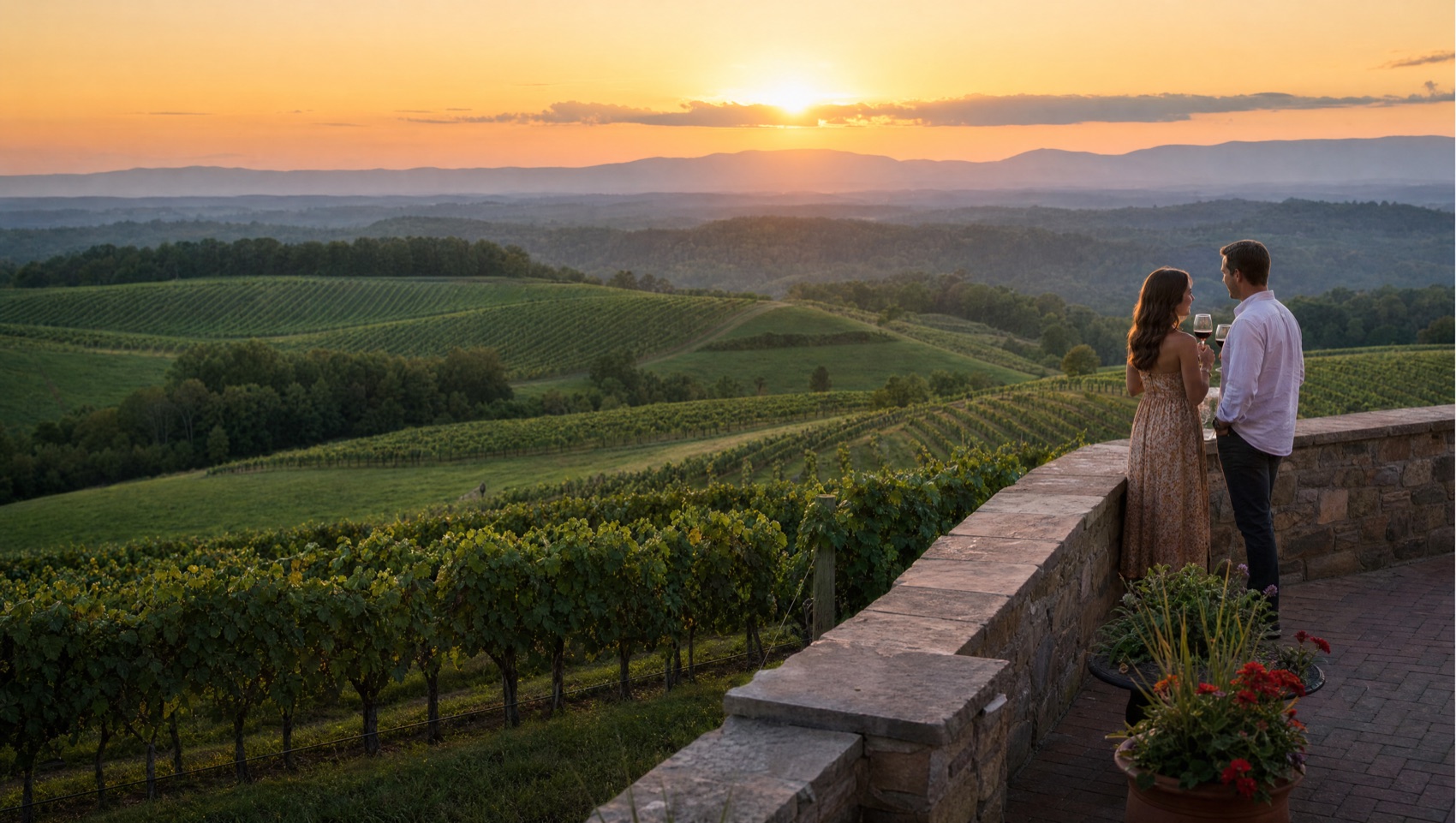 A Blue Ridge foothills vineyard at sunset near Charlottesville